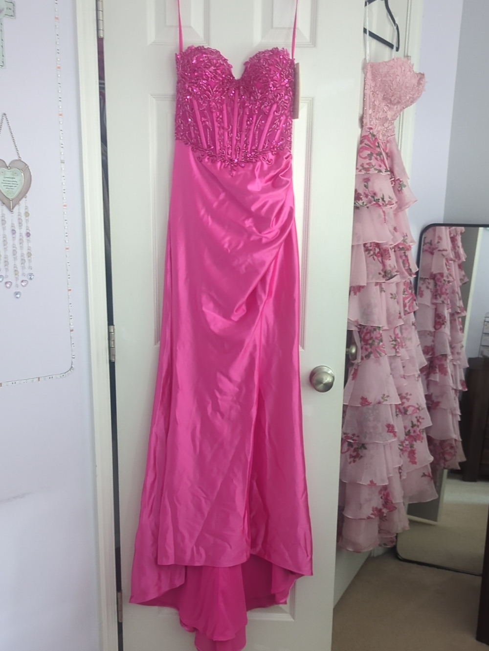 Strapless Beaded Hi-Low Evening Gown - Hot Pink
